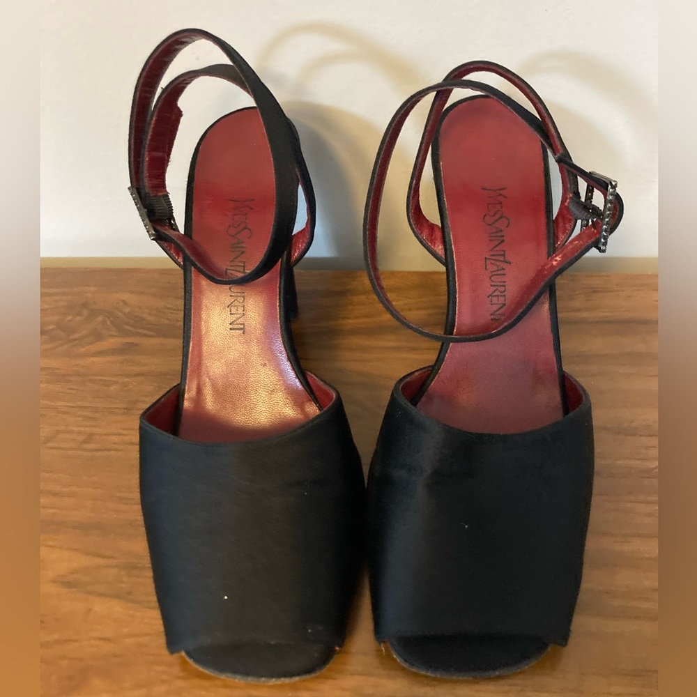 YSL black satin peep-toe high heels w/ ankle strap. Size 8.5, good condition